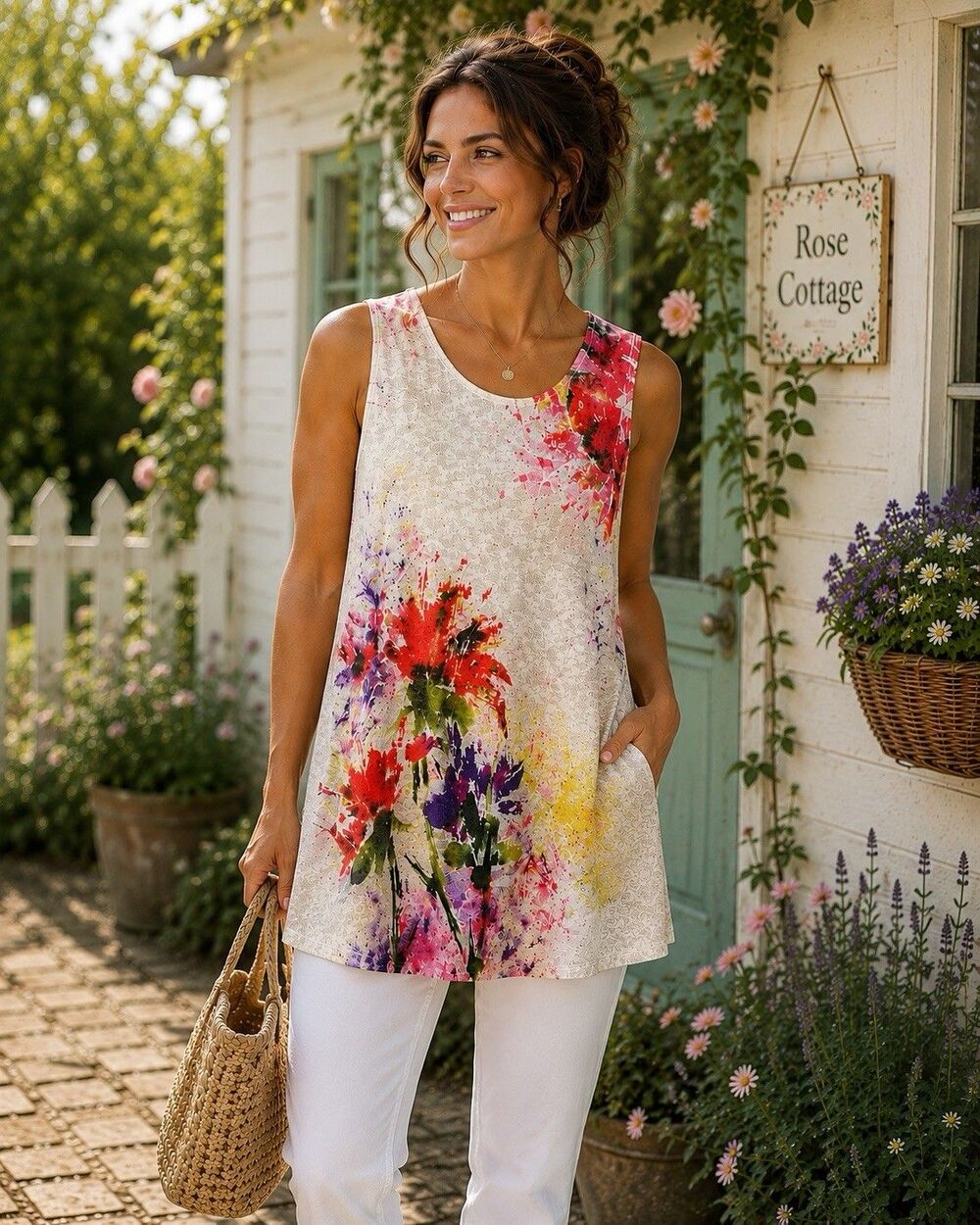 Jess & Jane Floral Burnout Tunic Tank Top Boho Cottagecore Slub Knit Plus XL
